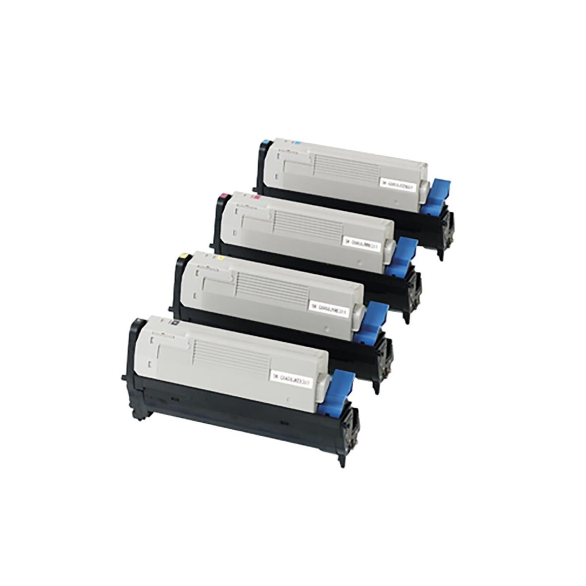 Fyra svarta tonerkassetter för skrivare, märkt OKI 20000 Sidor 43870008