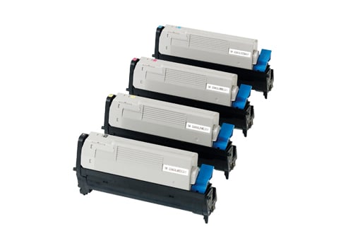 Fyra svarta tonerkassetter för skrivare, märkt OKI 20000 Sidor 43870008