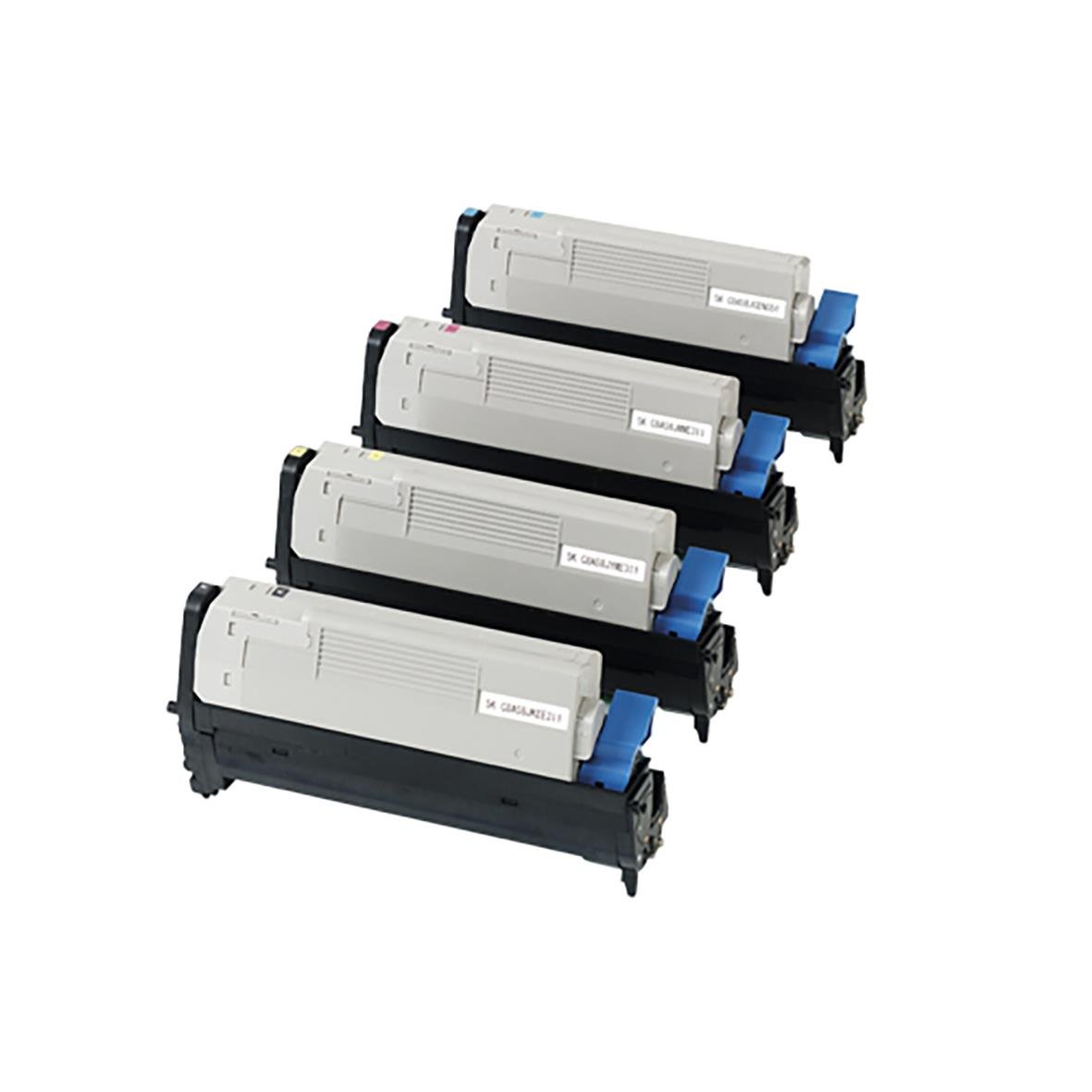 Fyra tonerpatroner för skrivare, vita och svarta, med blåa och svarta delar