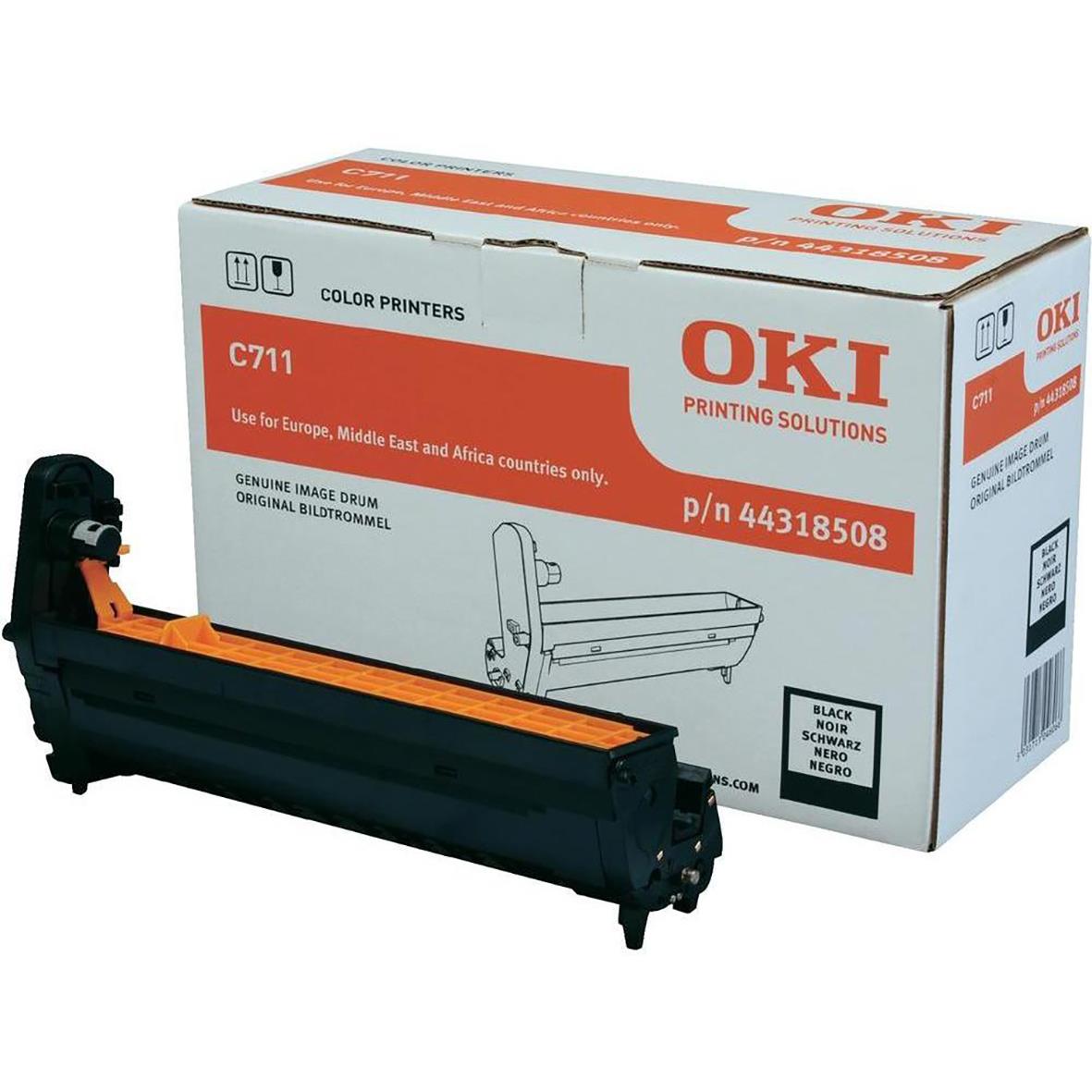 Svart OKI-tryckkassett för skrivare med box och bild av trumma