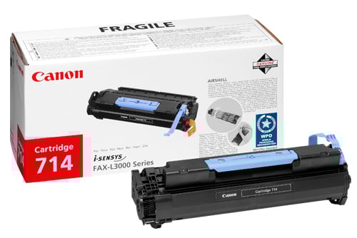 Canon CRG 714 laser tonerkassett i förpackning och tonerkassett framför