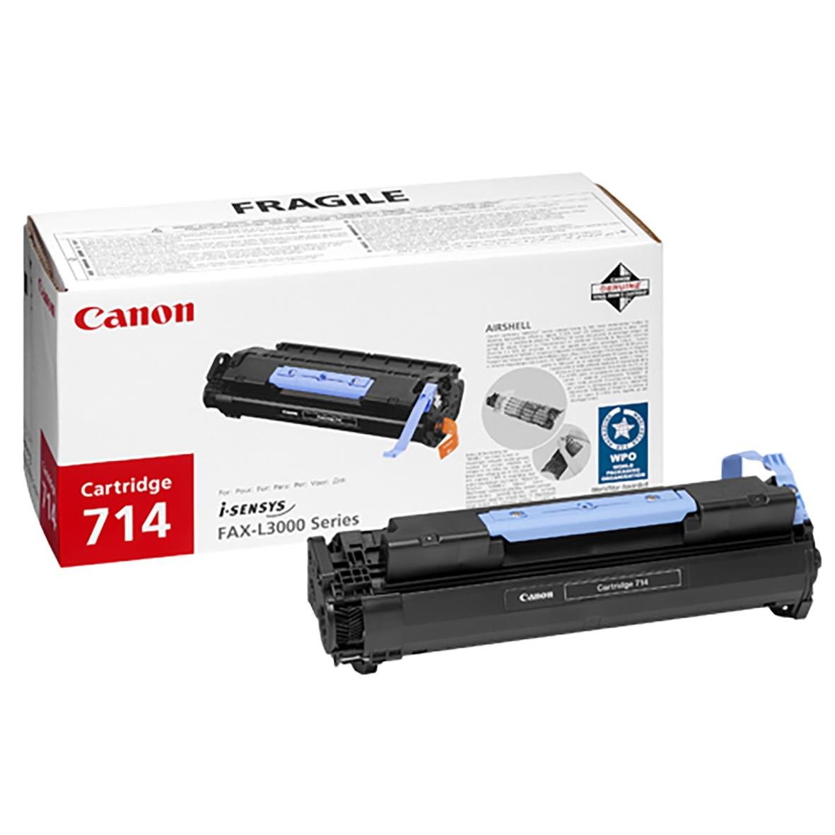 Canon CRG 714 laser tonerkassett i förpackning och tonerkassett framför