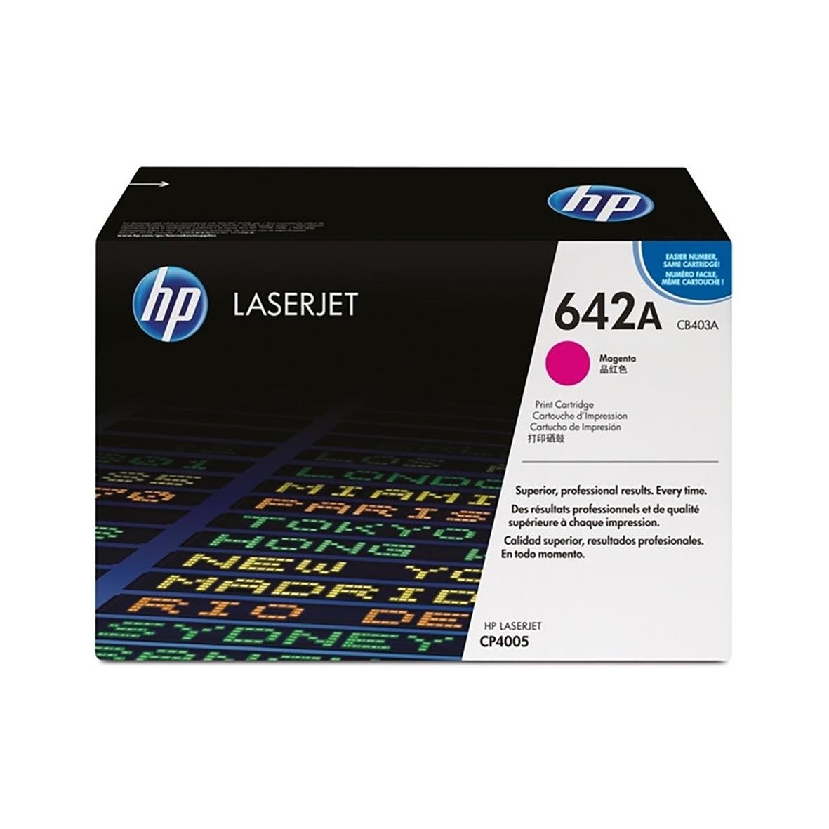 Lasertoner HP CLJ 403A CB403A Magenta i svart förpackning med HP-logga och modellnummer 642A