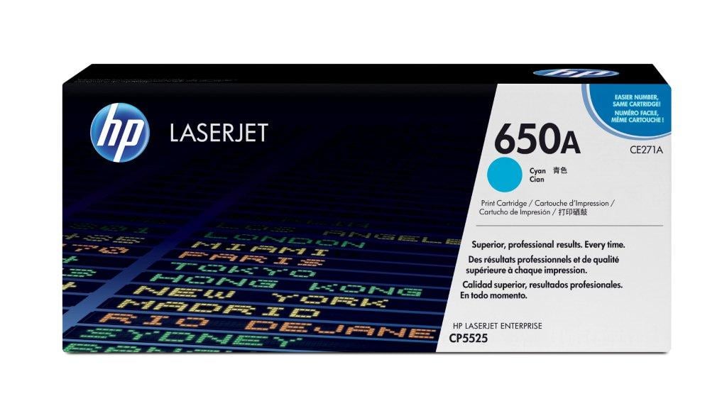 HP CE271A Cyan laser toner i förpackning med blå och vit design