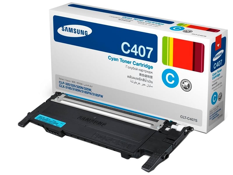 Samsung cyan laser tonerpatron C407 för 1000 sidor, visas med förpackning och toner