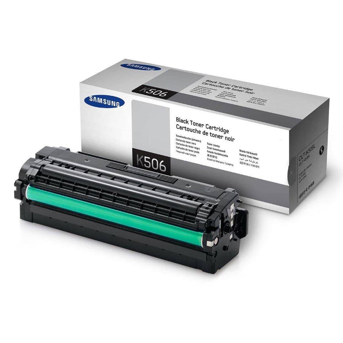 Samsung laser tonerkassett K506L svart för 6000 sidor, visas med förpackning och tonerkassett