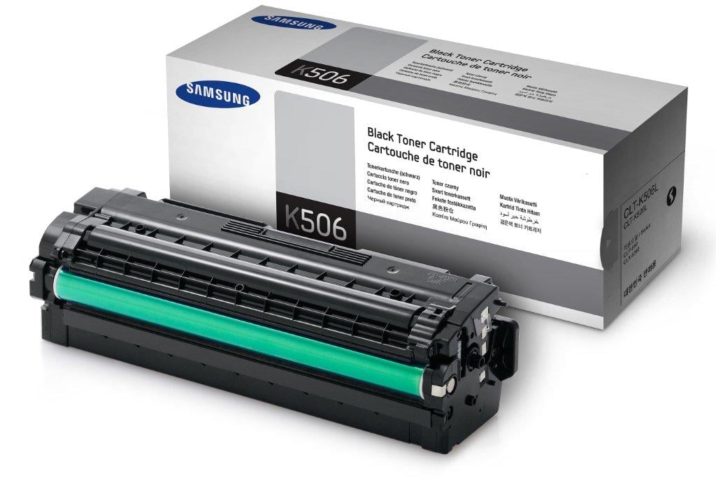 Samsung laser tonerkassett K506L svart för 6000 sidor, visas med förpackning och tonerkassett