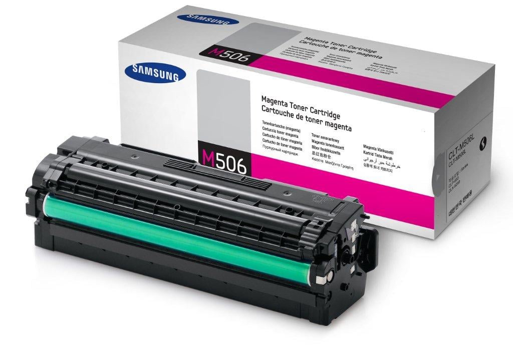 Samsung magenta laser toner för 3500 sidor, modell CLT-M506L, med förpackning