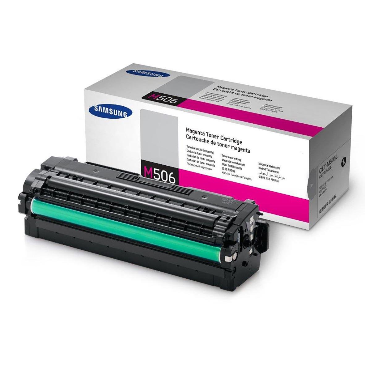 Samsung magenta laser toner för 3500 sidor, modell CLT-M506L, med förpackning
