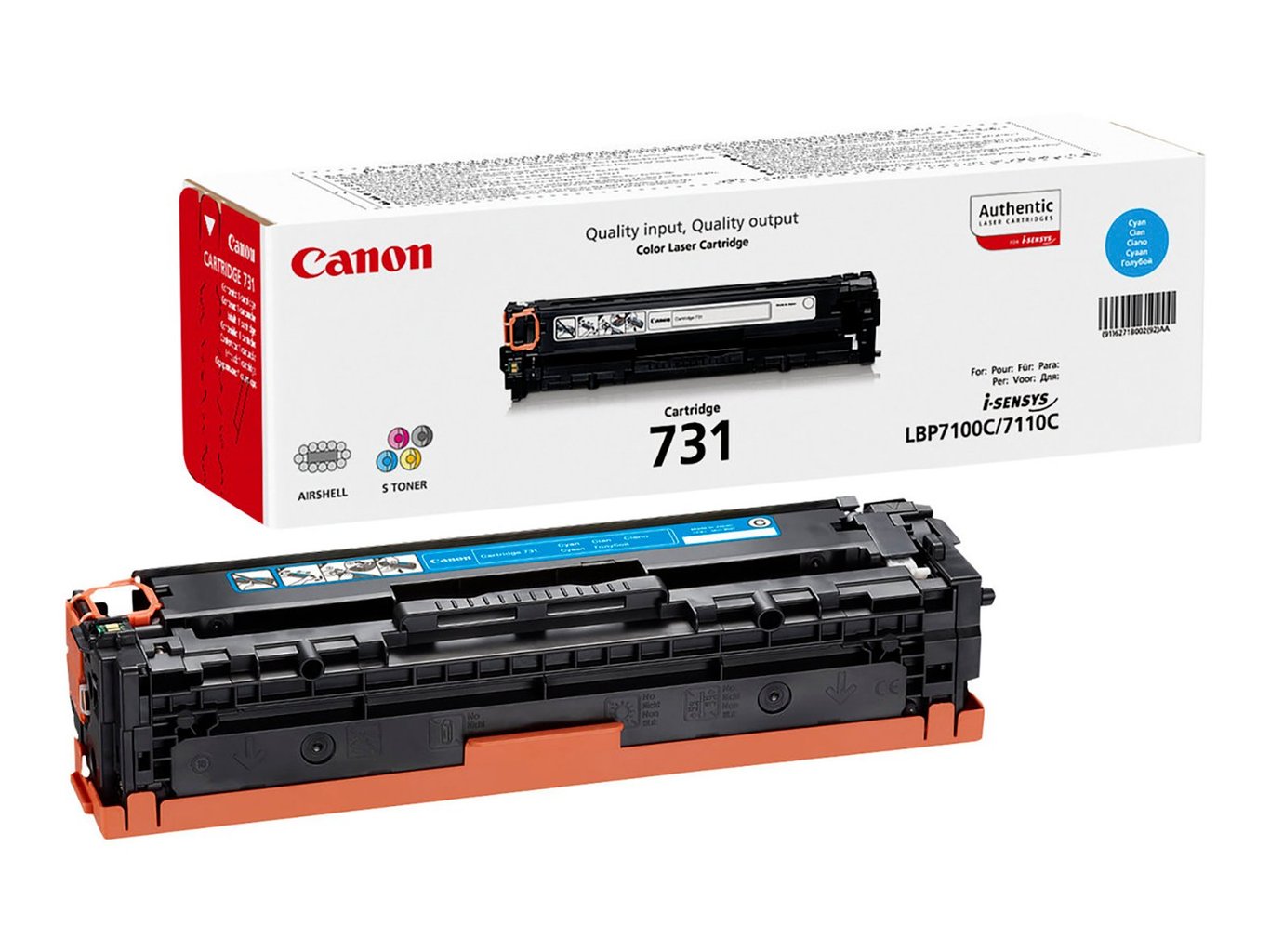 Cyan lasertonerkassett Canon CRG731 6271B002 med förpackning och toner