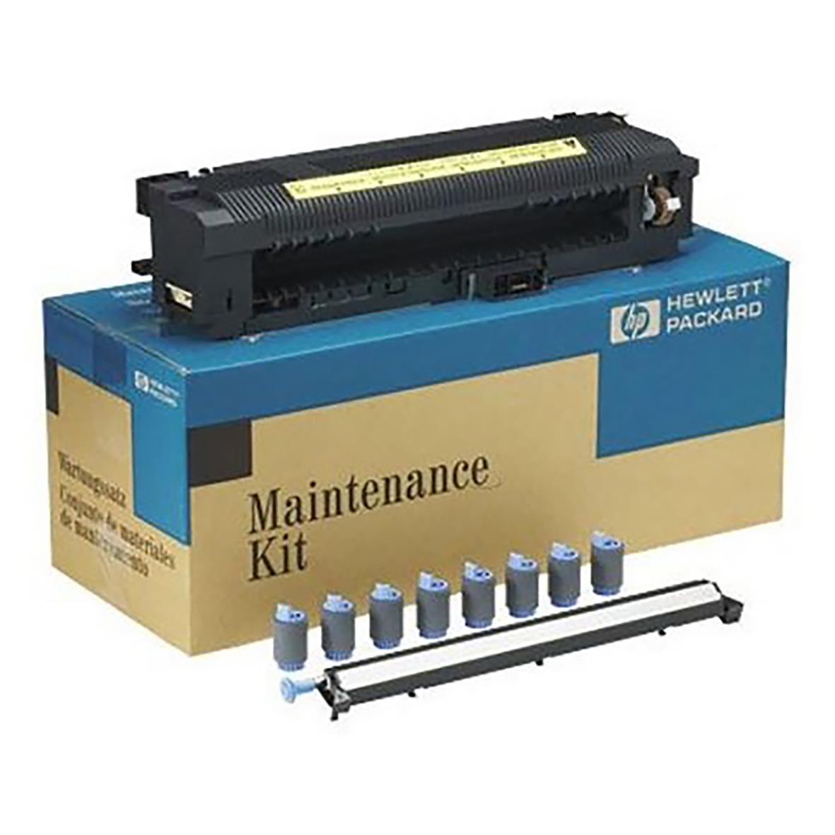 Underhållskit för HP skrivare 220 volt Q5422A med blå och gul förpackning och flera små delar