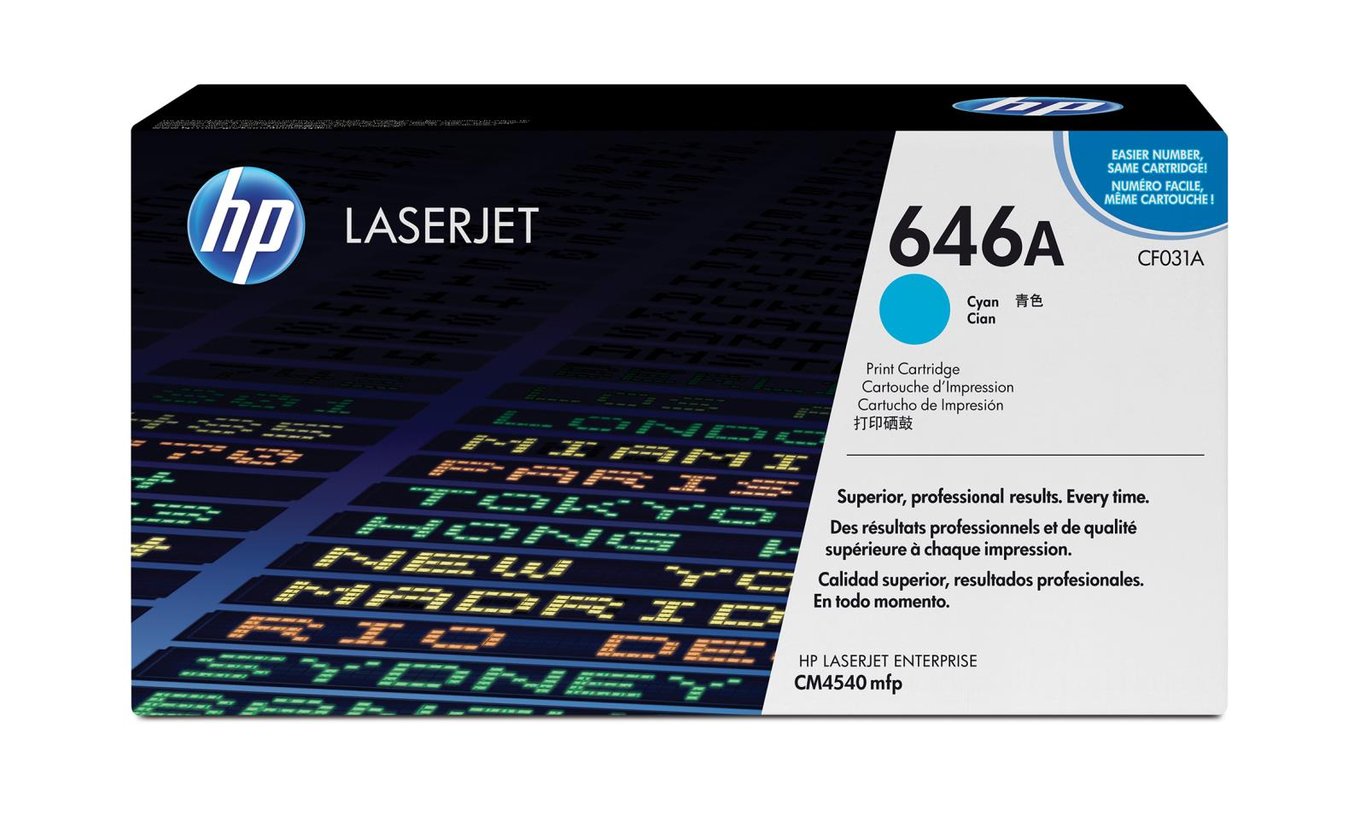 HP CF031A Cyan laser toner cartridge box with HP logo and model number 646A