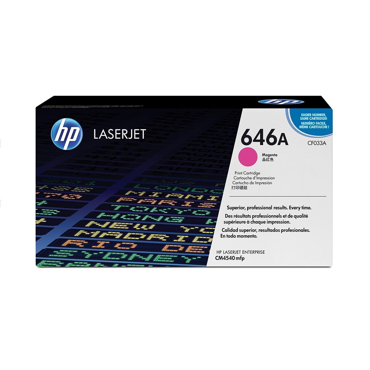 HP Lasertoner CF033A Magenta för skrivare, förpackning med text och färgprover