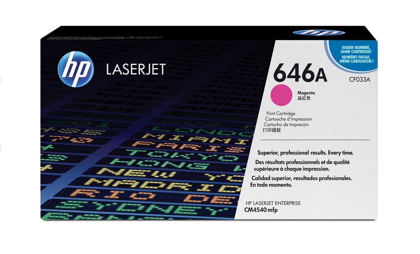 HP Lasertoner CF033A Magenta för skrivare, förpackning med text och färgprover
