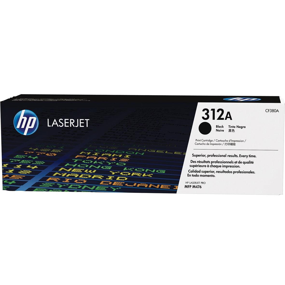 HP 312A svart laser tonerkassett för skrivare, förpackning med blå HP-logga och produktinformation