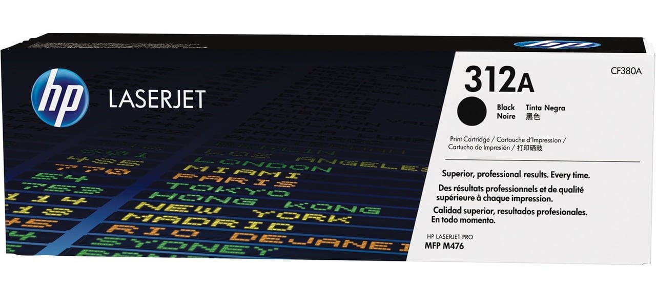 HP 312A svart laser tonerkassett för skrivare, förpackning med blå HP-logga och produktinformation