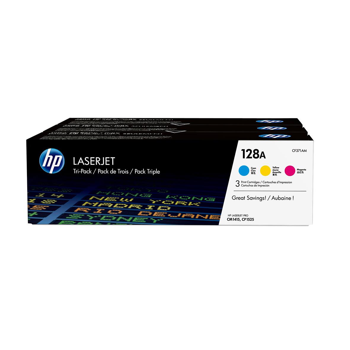 HP Lasertoner 128A CF371AM i tri-pack med svart, cyan, magenta och gul färg