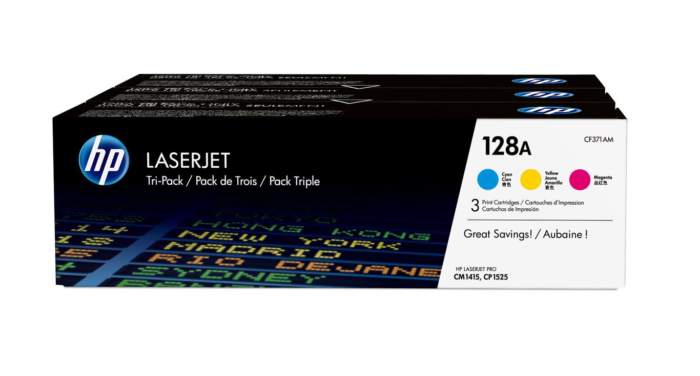 HP Lasertoner 128A CF371AM i tri-pack med svart, cyan, magenta och gul färg