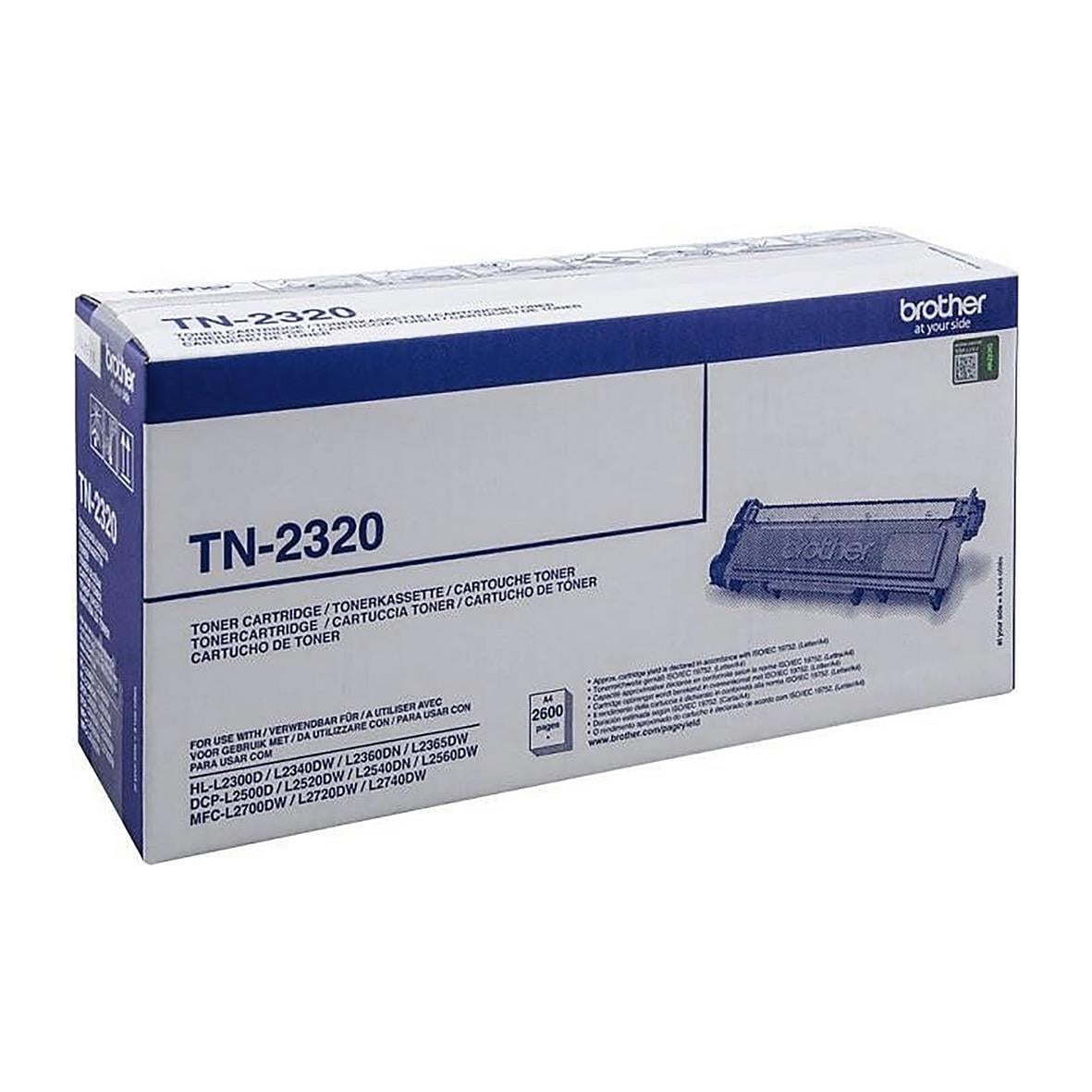 Förpackning av svart lasertoner Brother TN-2320 för skrivare