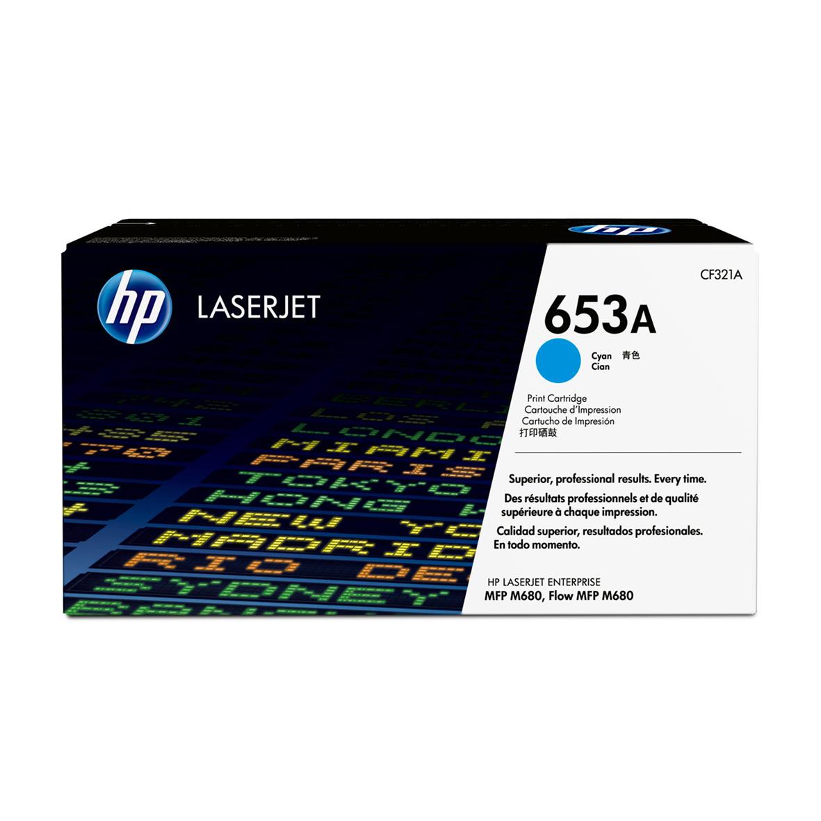 HP 653A Cyan laser toner cartridge i svart och vitt förpackning med blå HP-logga