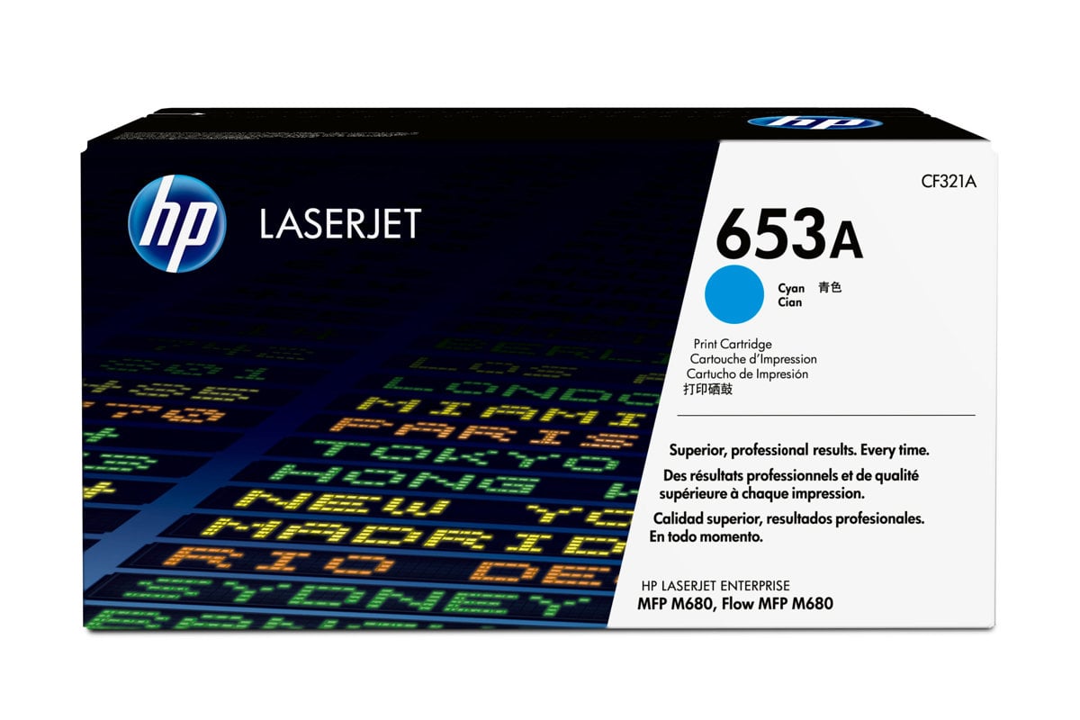 HP 653A Cyan laser toner cartridge i svart och vitt förpackning med blå HP-logga