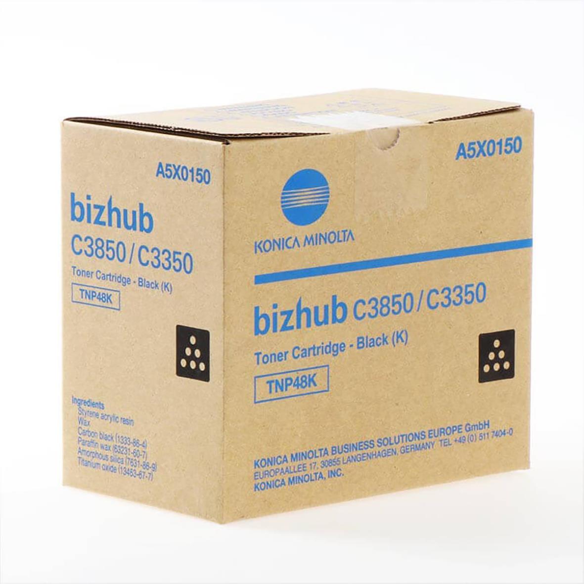 Förpackning med svart lasertoner Konica A5X0150 för C3850 och C3350 skrivare