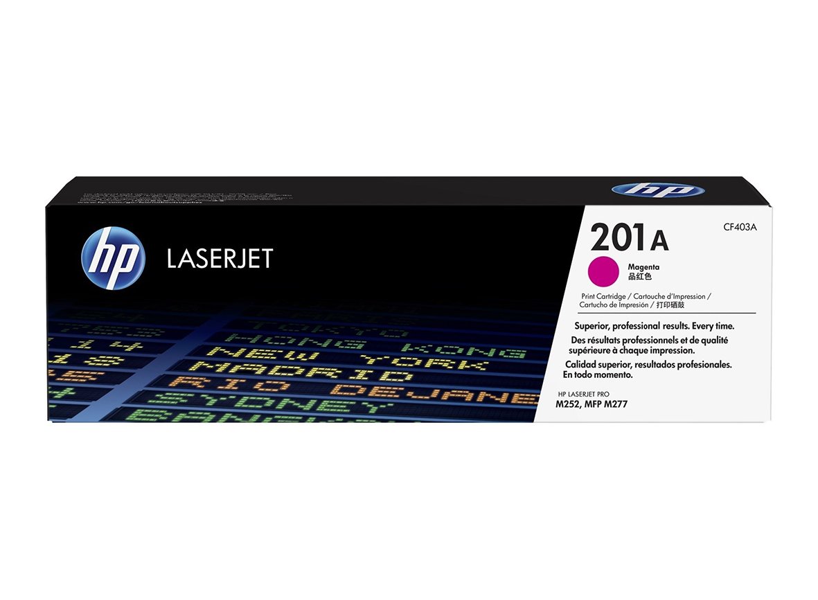 HP Lasertoner 201A CF403A Magenta i svart låda med HP-logga och produktinformation