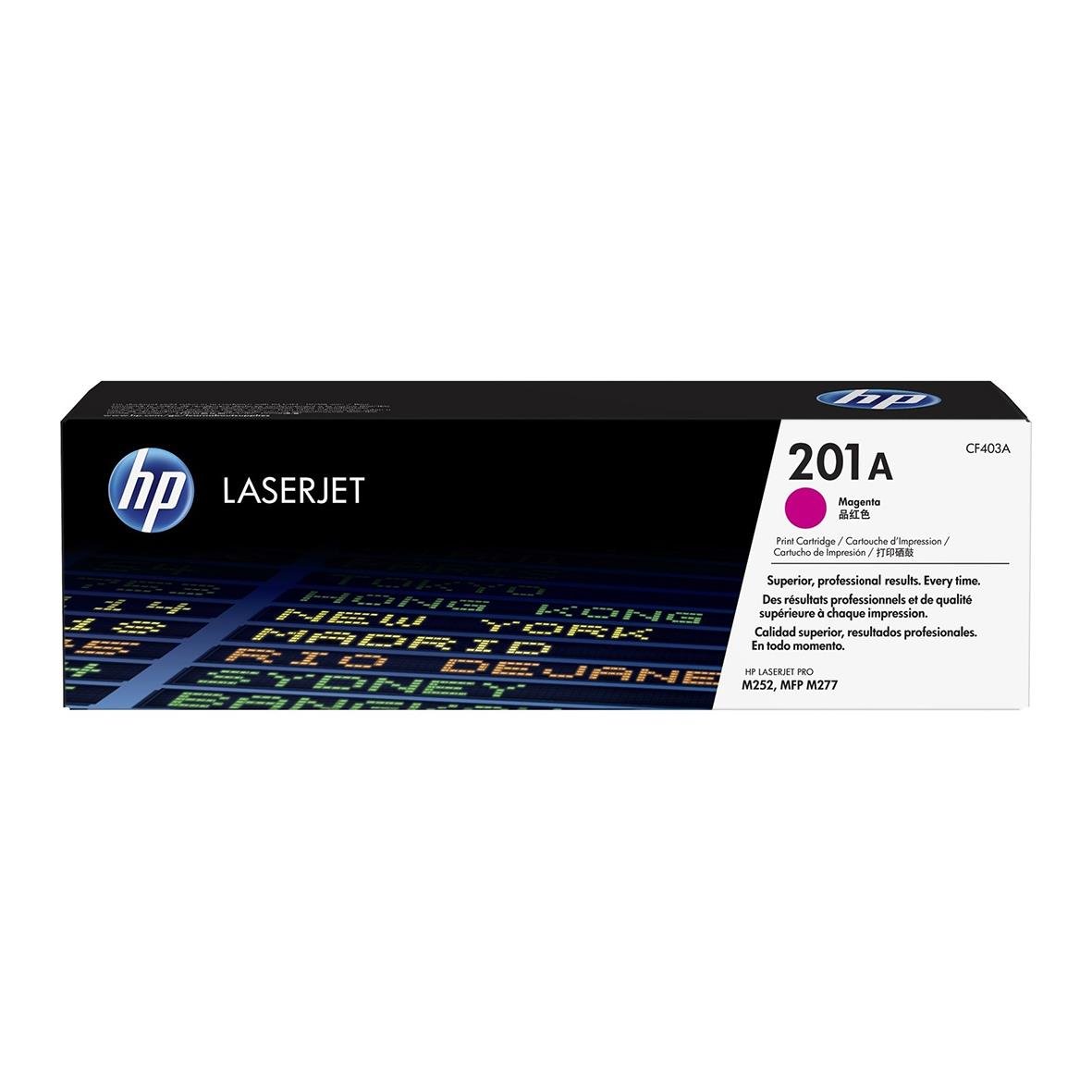HP Lasertoner 201A CF403A Magenta i svart låda med HP-logga och produktinformation