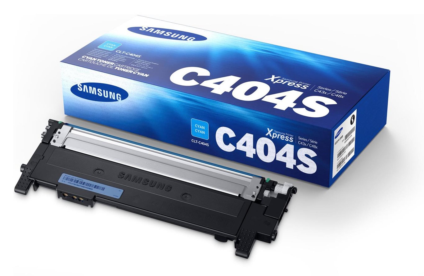 Samsung laser tonerkassett Cyan för CLT-C404S/ELS, medföljer toner och bild på tonerkassetten och förpackningen