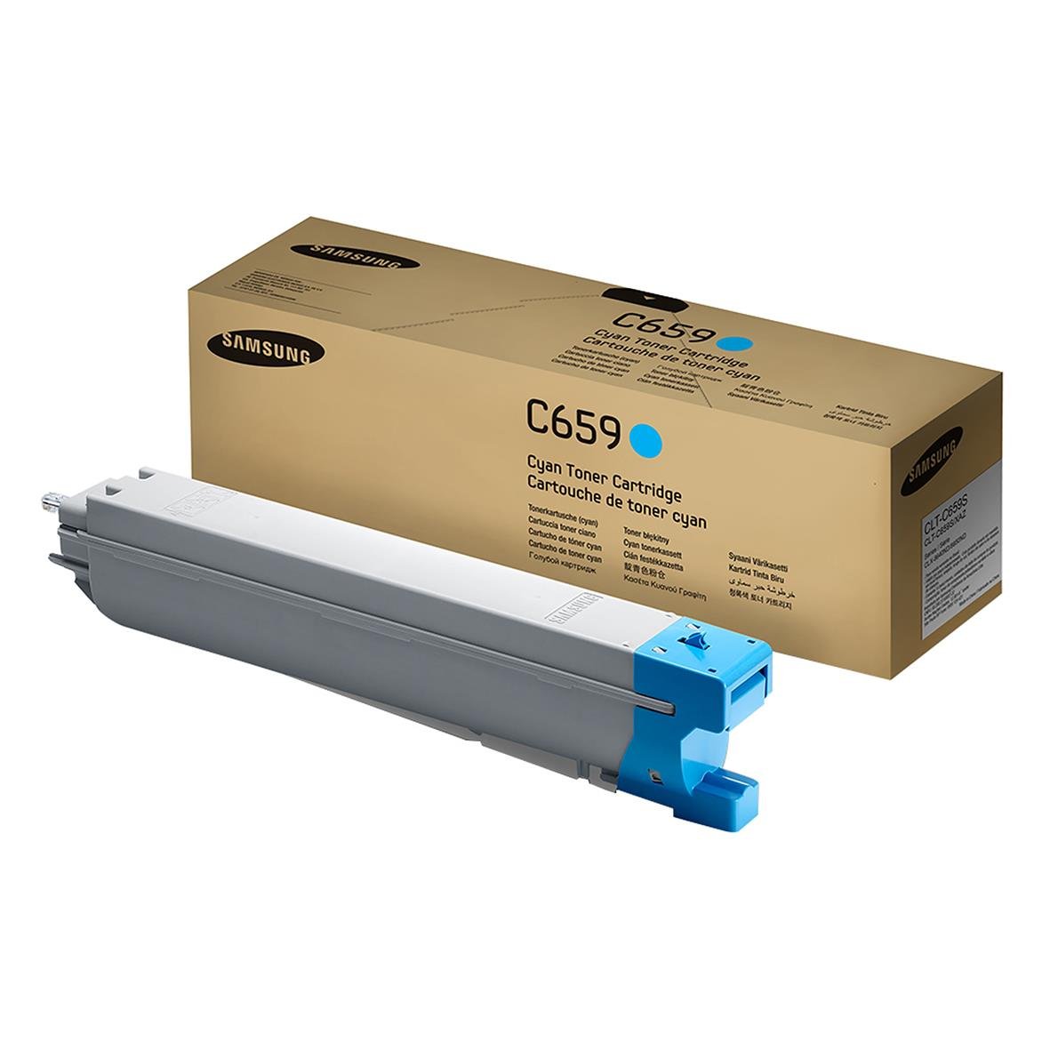 Cyan lasertonercartridge för Samsung CLT-C659S med förpackning