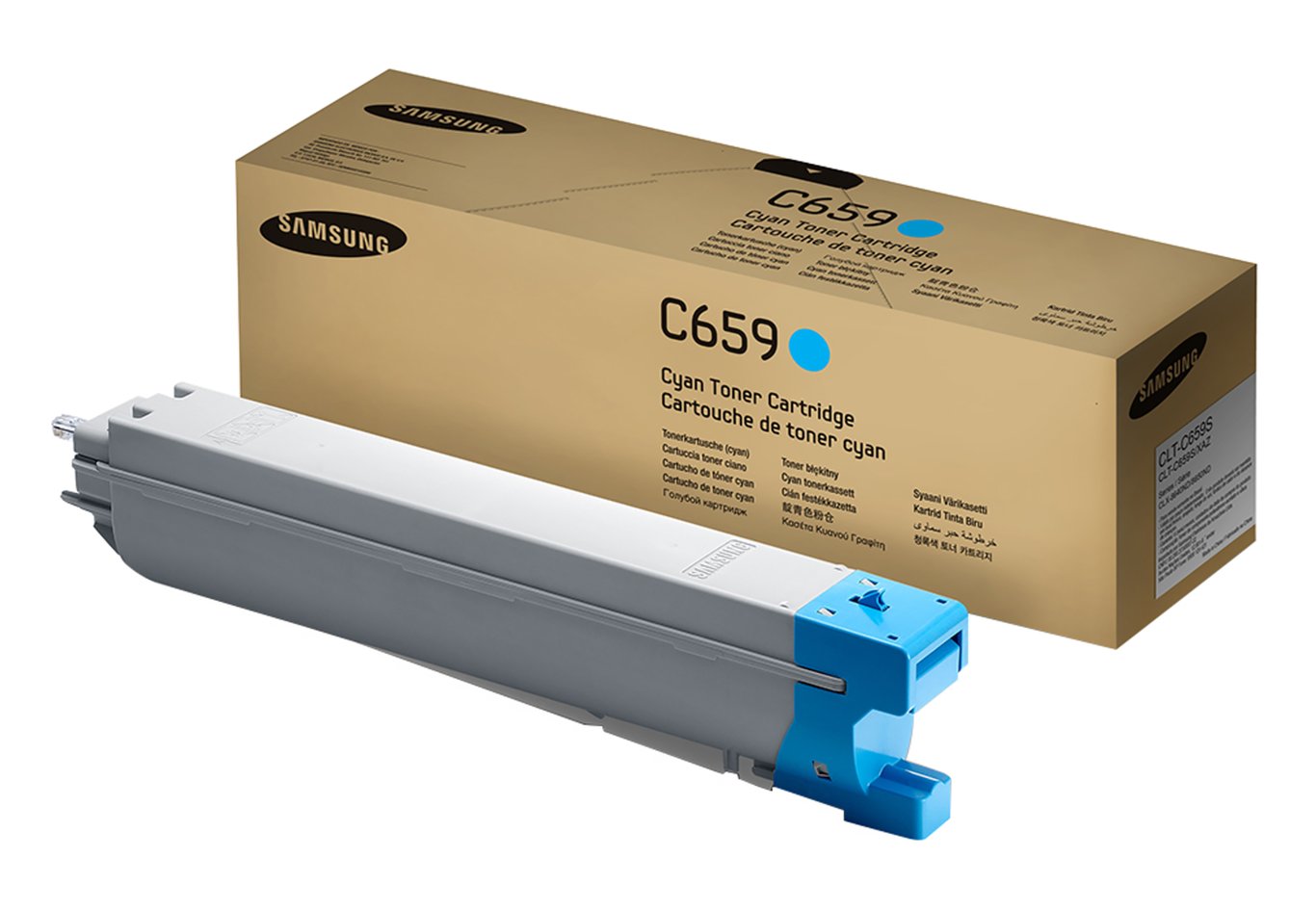 Cyan lasertonercartridge för Samsung CLT-C659S med förpackning