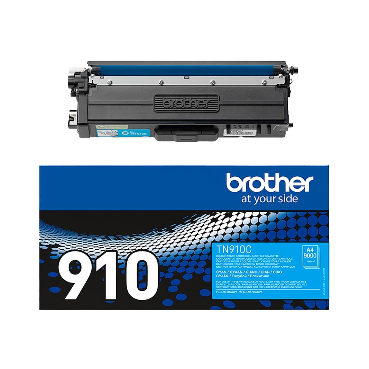 Cyan laser toner Brother TN910C ovanpå en blå och svart förpackning