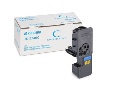 Kyocera TK-5240C cyan laser toner i förpackning och separat tonerpatron