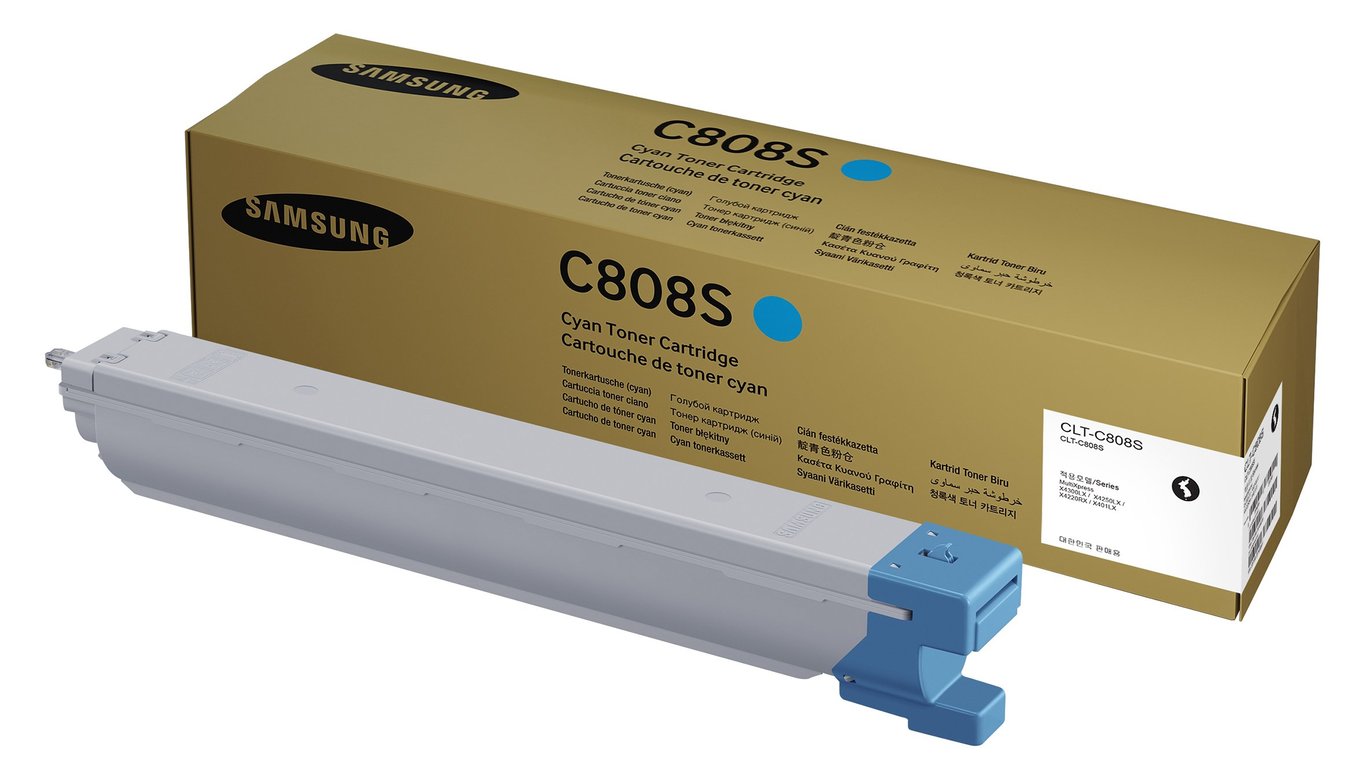 Samsung laser tonerkassett C808S Cyan i vit och blå färg med guldburk i bakgrunden