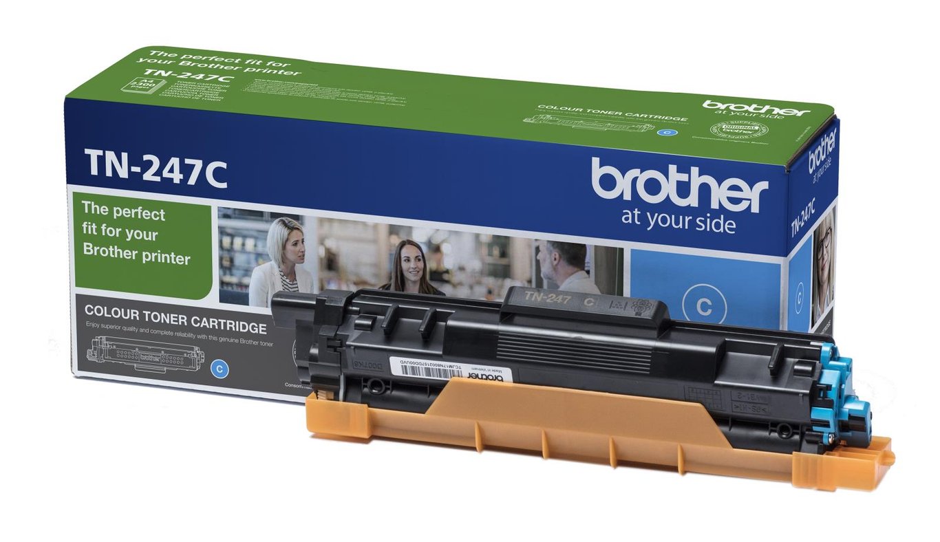 Cyan laser toner Brother TN247C för skrivare, i förpackning