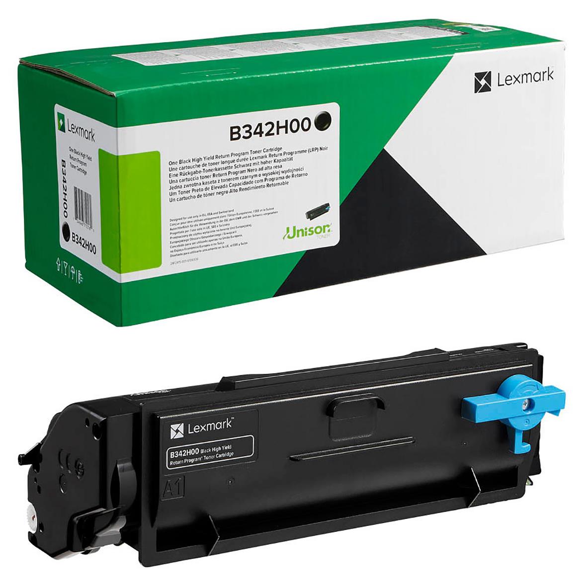 Svart laser tonerkassett för Lexmark 3000sid B342H00 med förpackning och tonerkassett