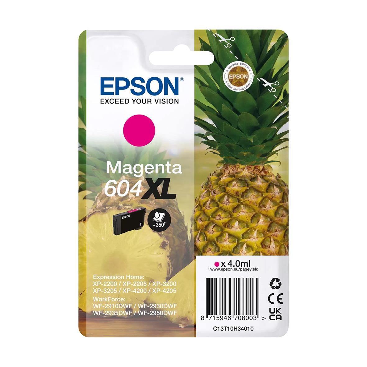 Epson T604XL magentapatron med ananasbild och text Magenta 604 XL