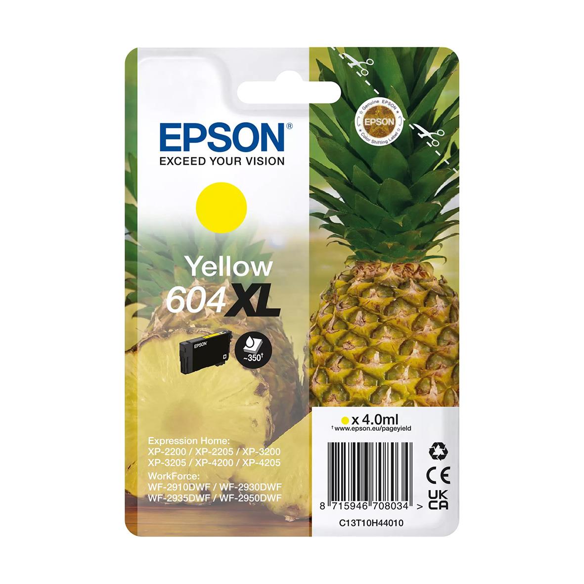 Gul bläckpatron Epson T604XL med ananasbild och Epson-logga