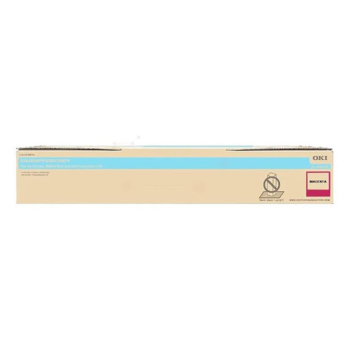 Magenta lasertoner för OKI 46564702 i lång, smal förpackning med blå och beige design