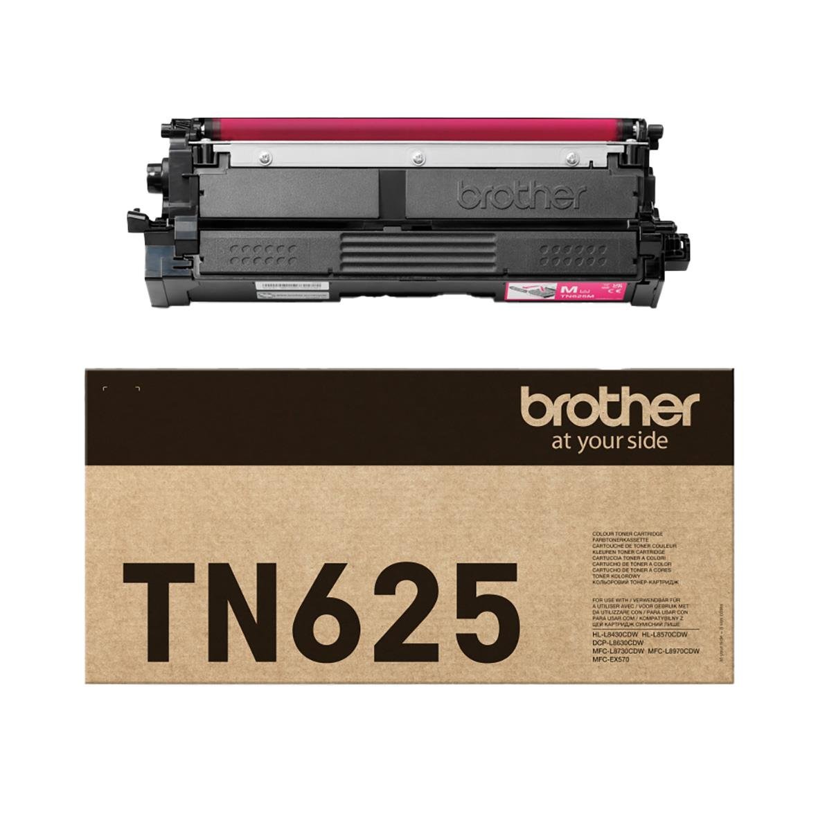 Magenta laser tonerkassett Brother TN625M för skrivare, i förpackning och tonerkassett