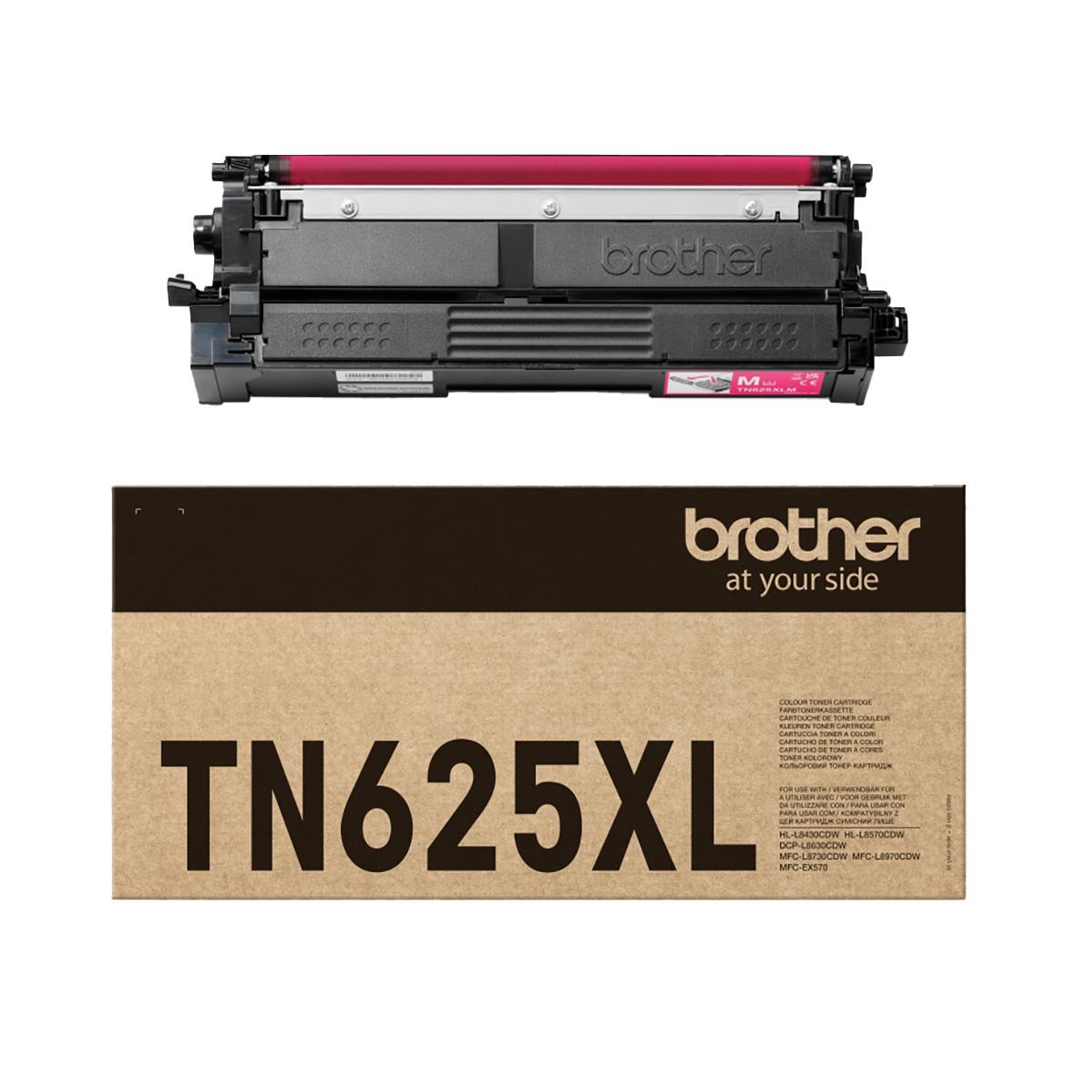Lasertoner Brother 4500 sid TN625XLM Magenta framför ett brunt och beige förpackningsetikett