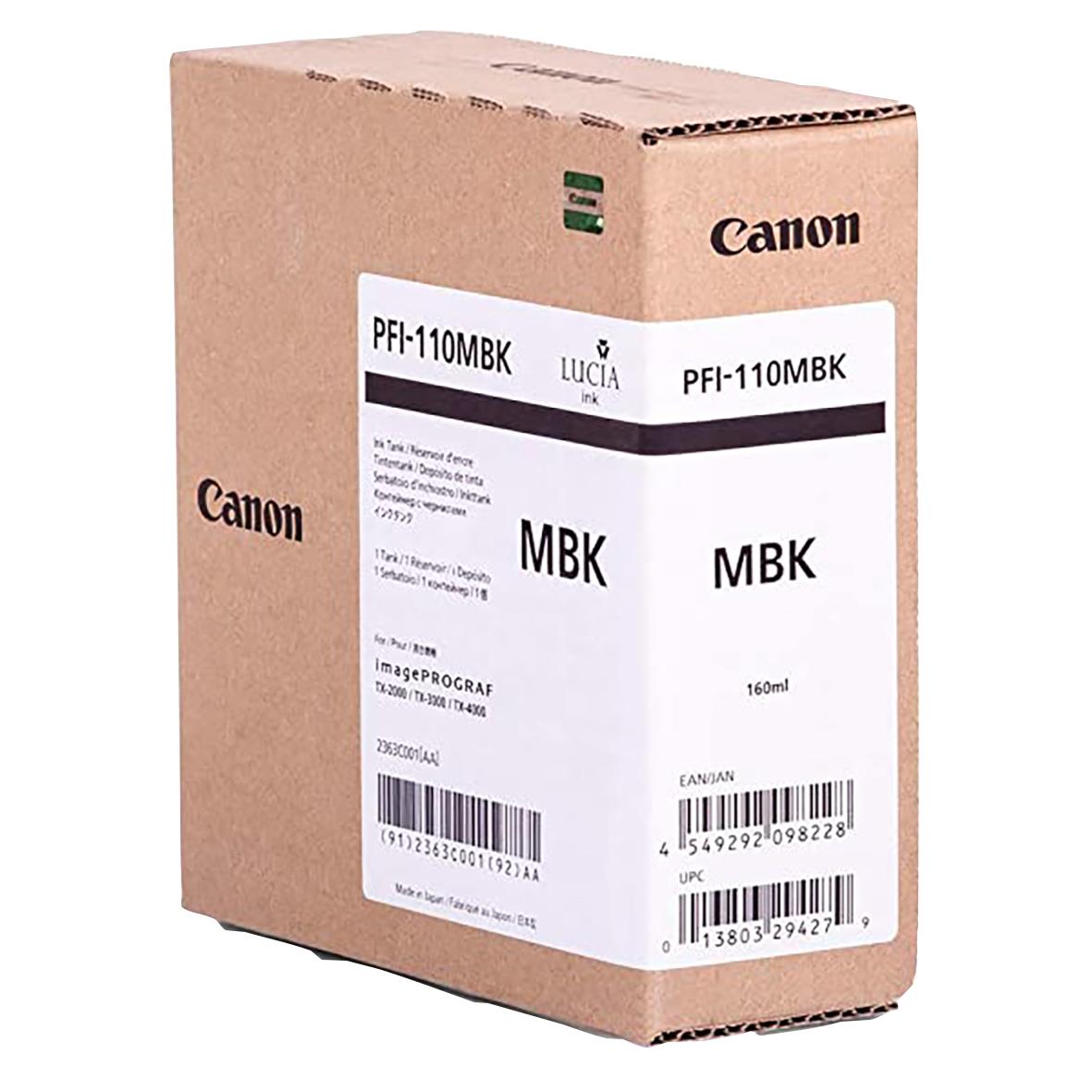 Förpackning av Canon PFI-110MBK matt svart bläckpatron i kartong