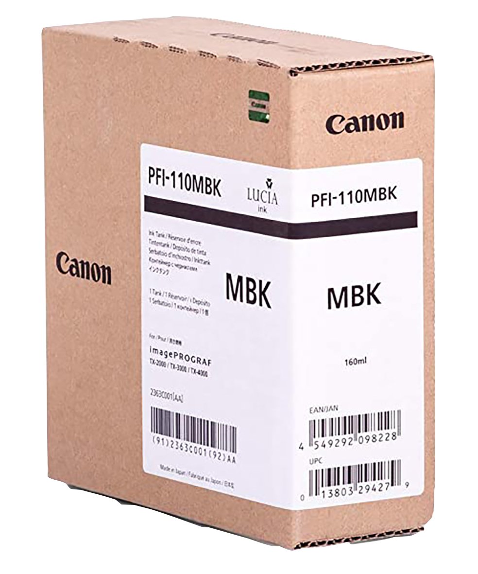 Förpackning av Canon PFI-110MBK matt svart bläckpatron i kartong