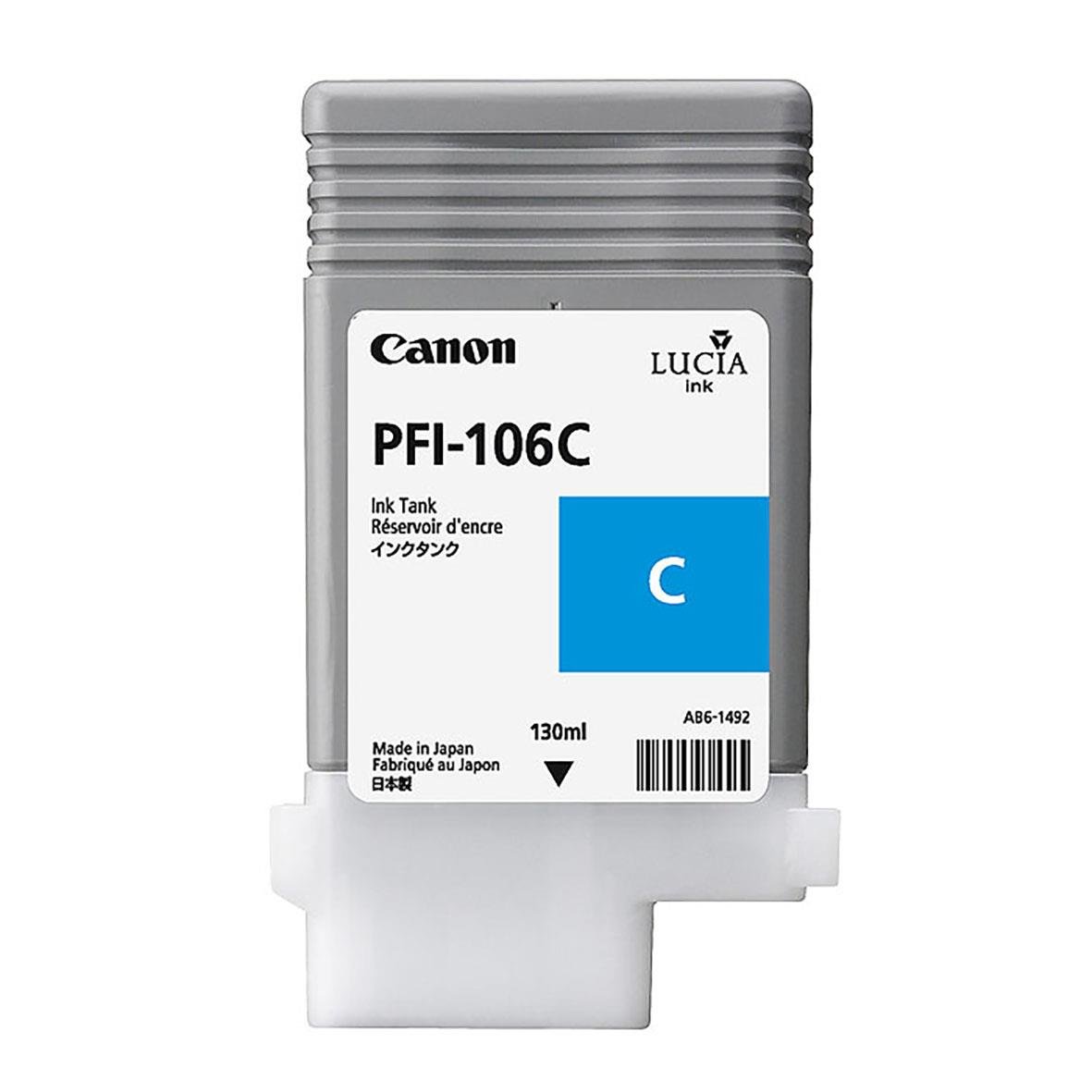 Bläckpatron Canon Pfi-106C Cyan i grå behållare med vit etikett och blå markering