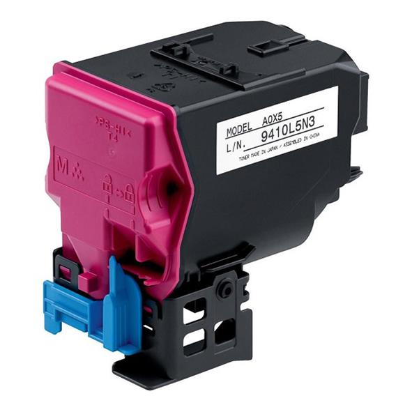 Magenta toner TNP50M i svart plastbehållare med modellnummer A0X5 och serienummer 9410L5N3