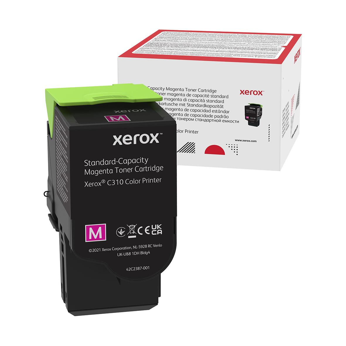Magenta lasertoner för Xerox C310/C315, 2000 sidor, i svart plast med grönt lock, samt originalförpackning i bakgrunden