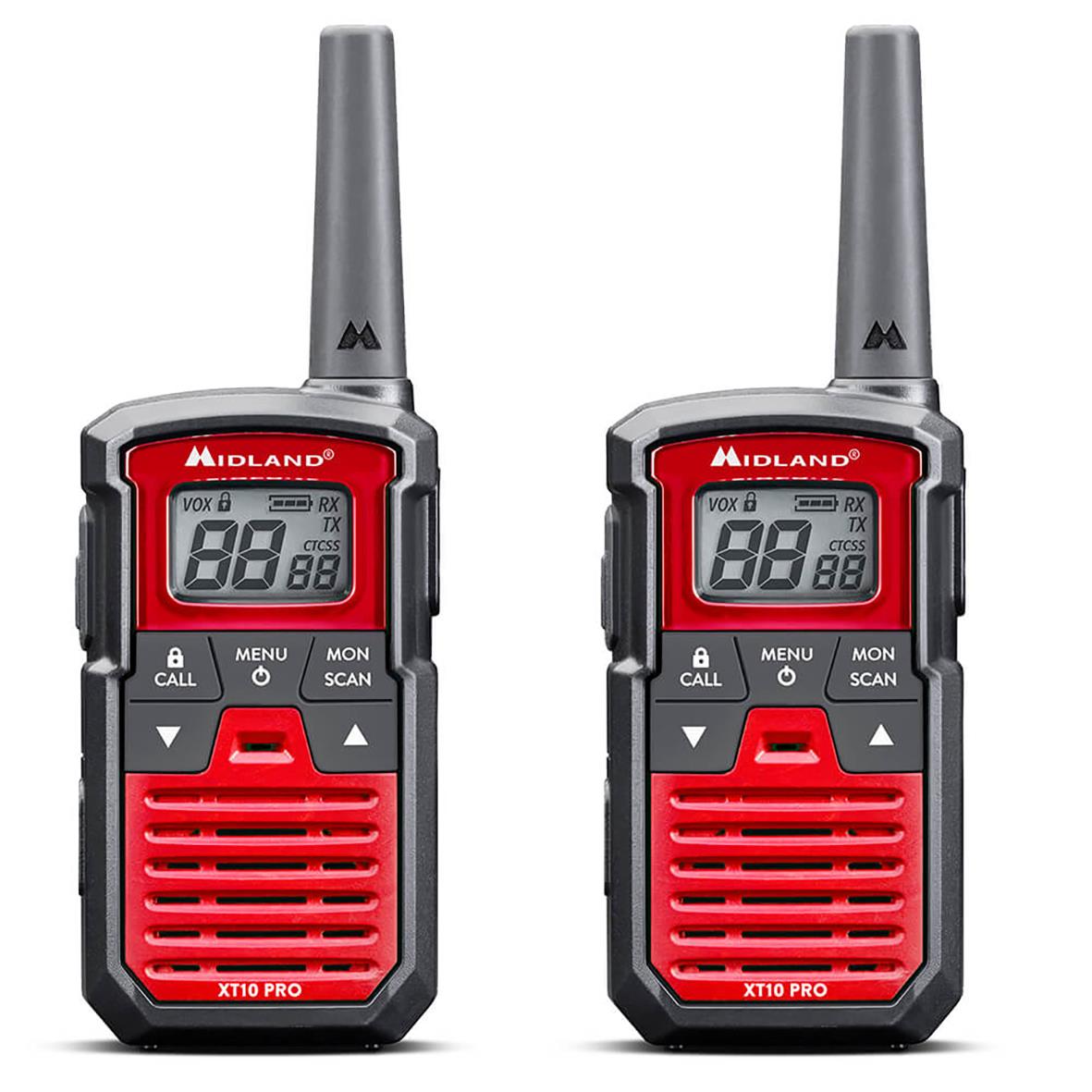 Två Midland XT10 Pro walkie talkies i svart och rött