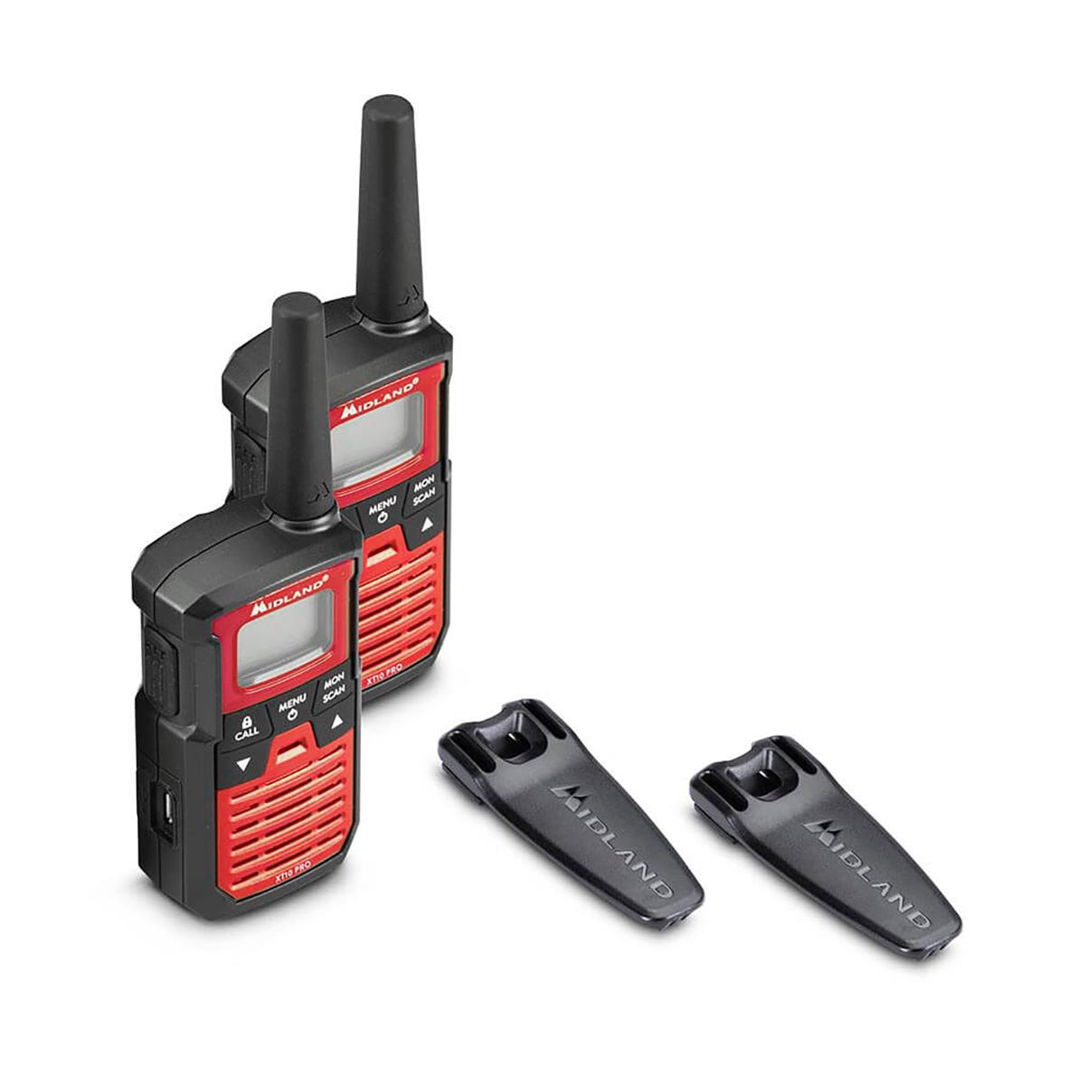 Två Midland XT10 Pro walkie talkies i svart och rött med tillbehör