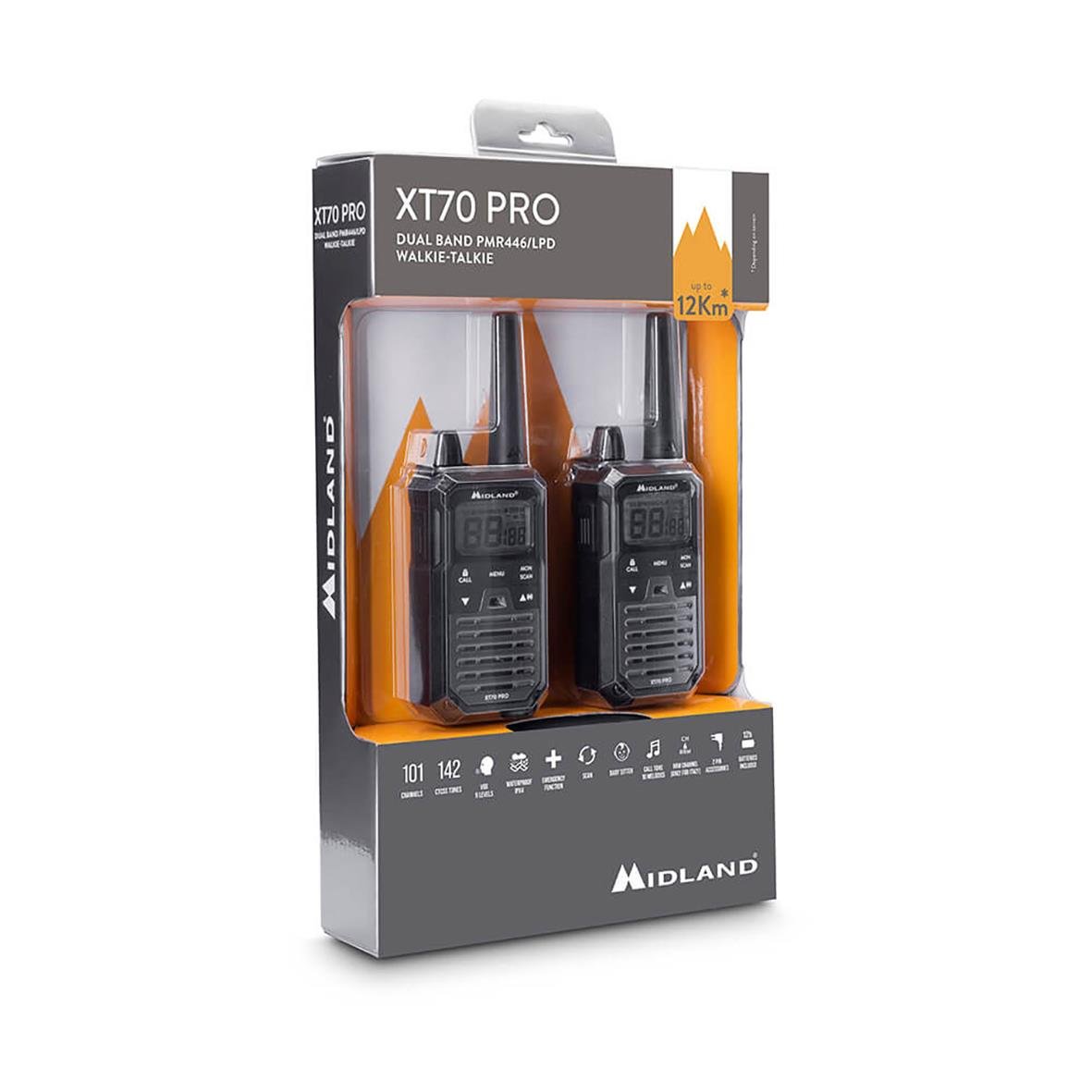 Två Midland XT70 Pro Duo walkie talkies i svart och mörkgrönt i förpackning