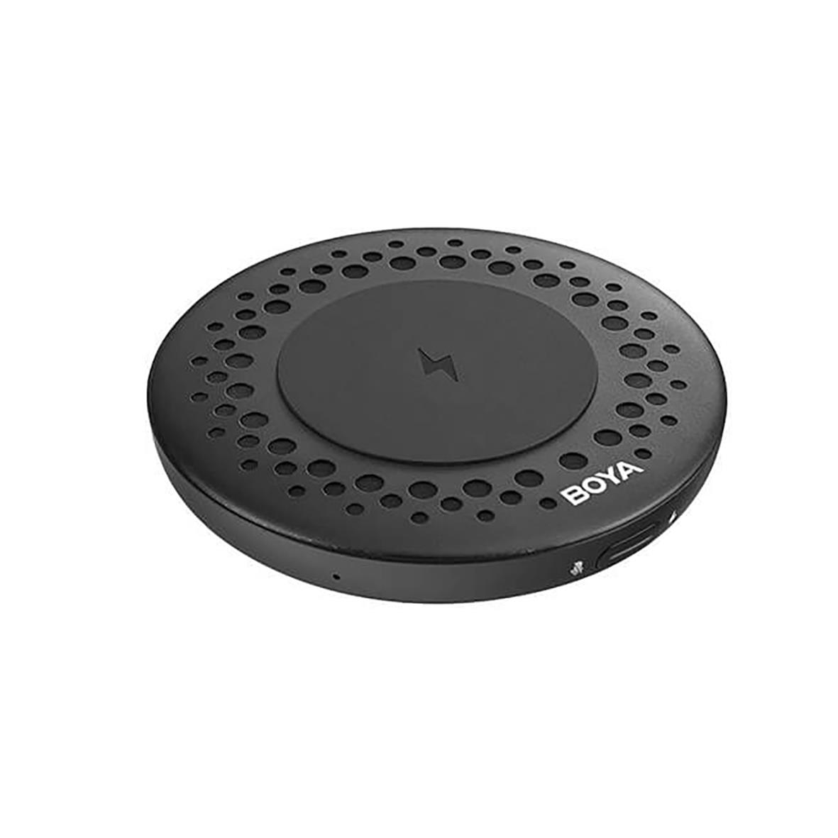 Konferensmikrofon Boya Nobby i rund design med perforerade hål och trådlös symbol